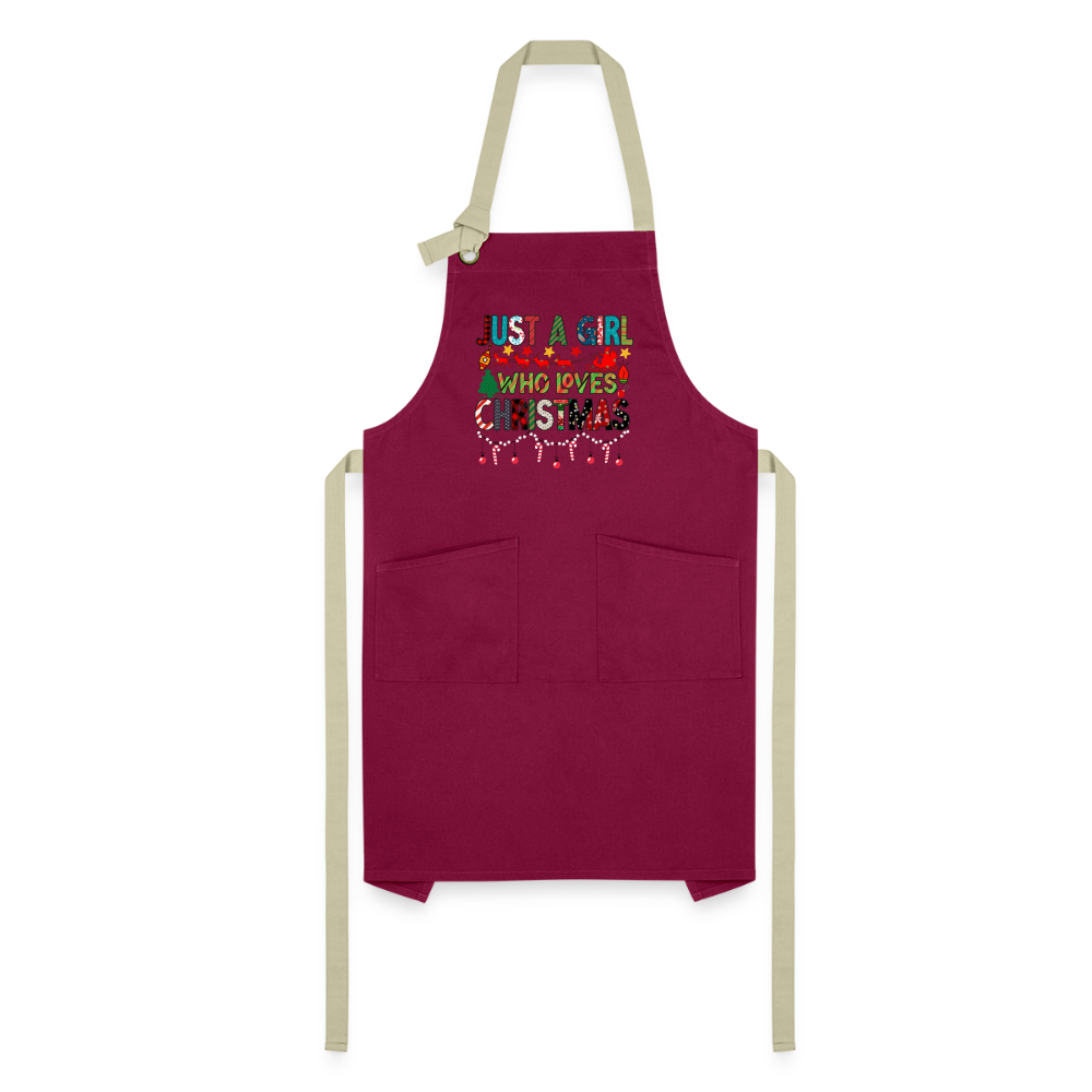 Just a Girl Who Loves Christmas - Artisan Apron Color: burgundy/khaki