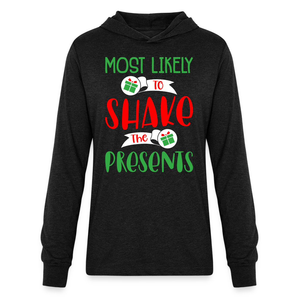 Most Likely To Shake the Presents Hoodie Shirt (Christmas) Color: heather black