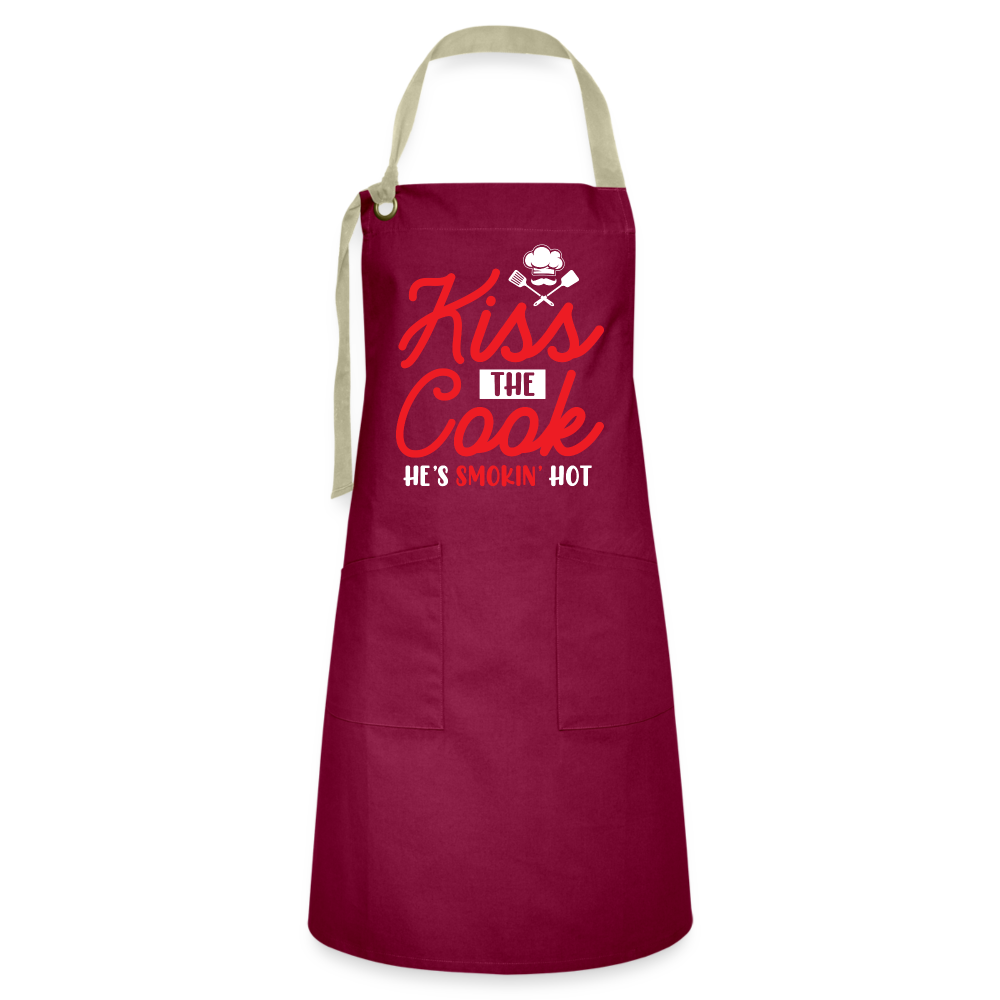 Kiss The Cook He's Smokin' Hot - Artisan Apron Color: burgundy/khaki