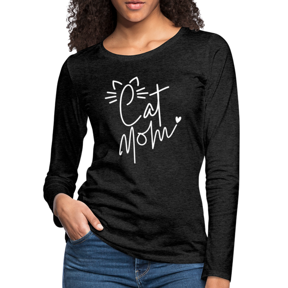 Cat Mom : Premium Long Sleeve T-Shirt (White Letters) Color: charcoal grey