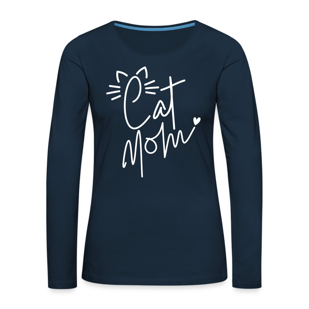 Cat Mom : Premium Long Sleeve T-Shirt (White Letters) Color: deep navy