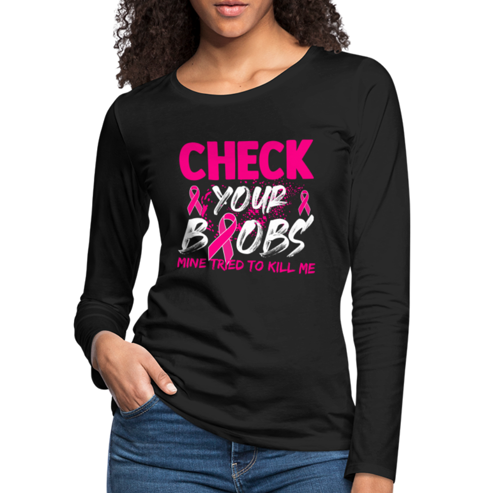 Check Your Boobs : Women's Premium Long Sleeve T-Shirt (Breast Cancer Awareness) Color: heather gray