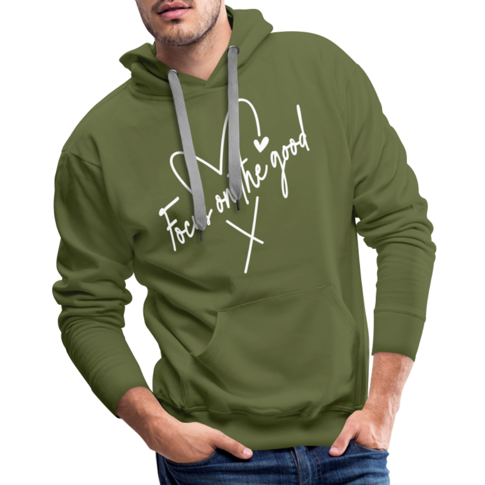 Focus on the Good : Men’s Premium Hoodie (White Letters) Color: olive green