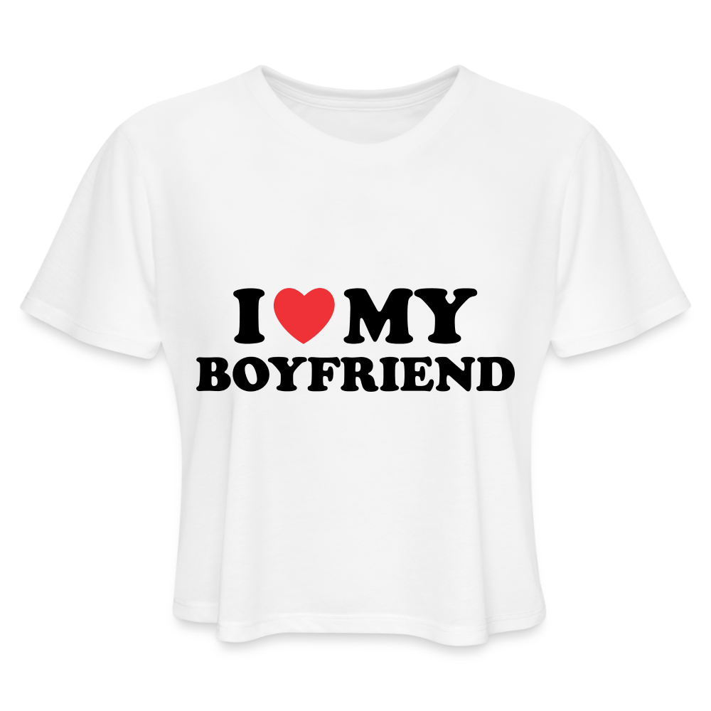 I Love My Boyfriend : Women's Cropped Top T-Shirt (Black Letters) - white