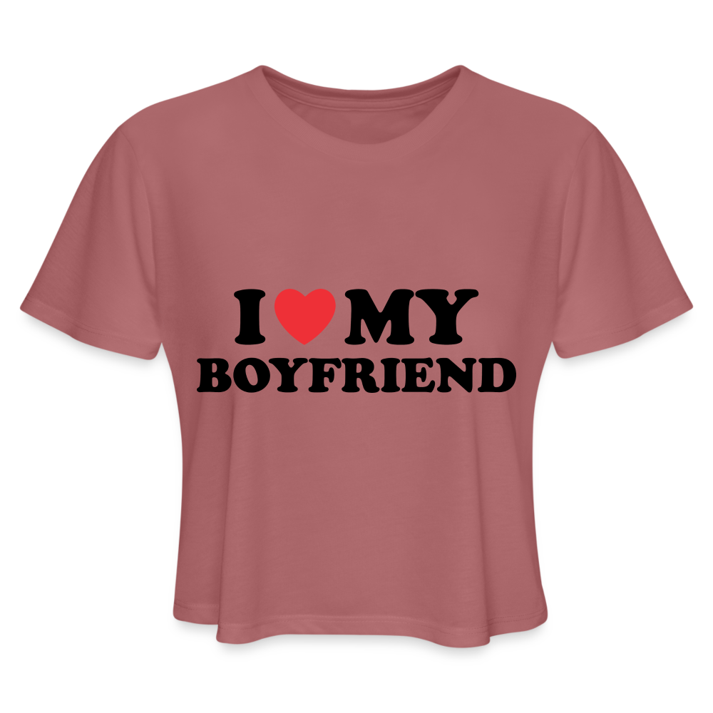 I Love My Boyfriend : Women's Cropped Top T-Shirt (Black Letters) Color: white