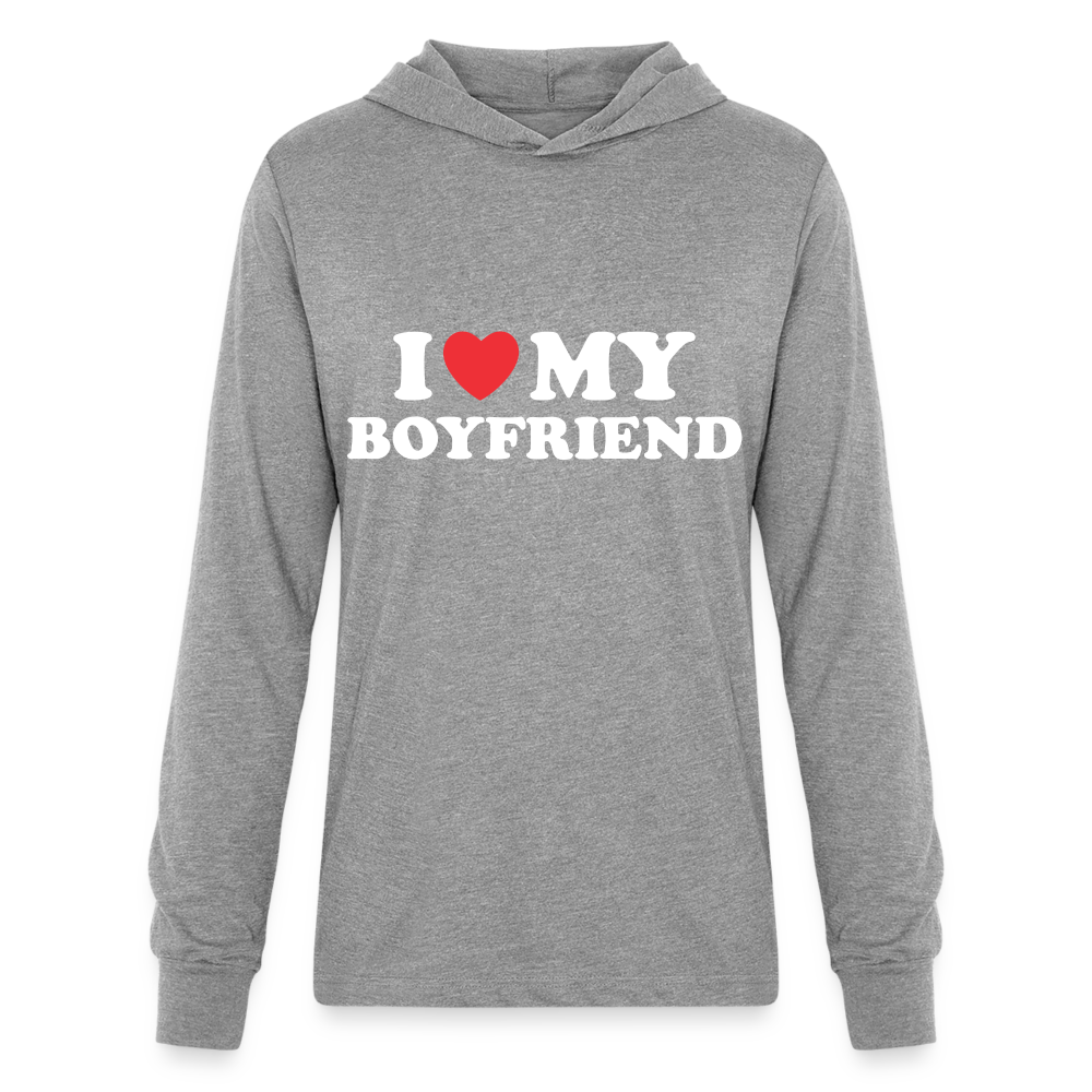I Love My Boyfriend : Long Sleeve Hoodie Shirt (White Letters) Color: heather grey