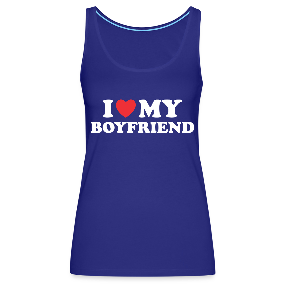 I Love My Boyfriend : Women’s Premium Tank Top (White Letters) Color: royal blue