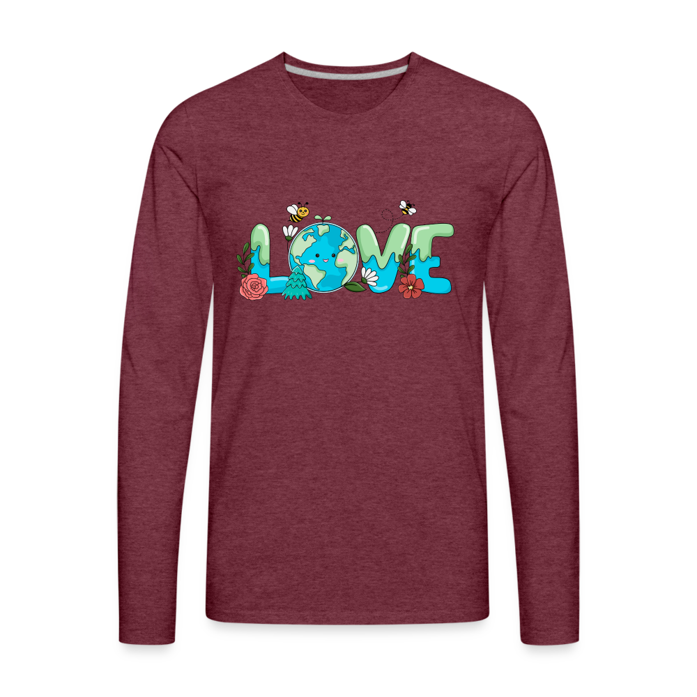Nature's LOVE Celebration Men's Premium Long Sleeve T-Shirt (Earth Day) Color: heather burgundy