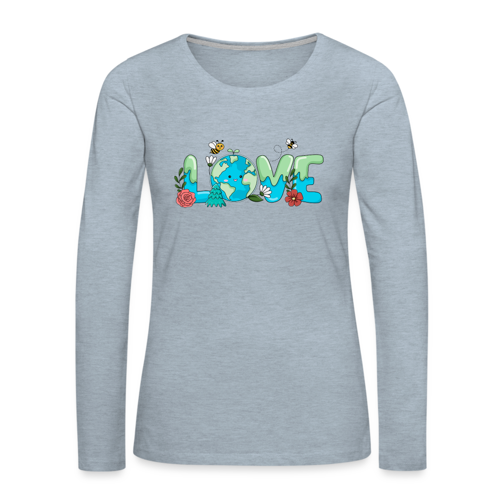 Nature's LOVE Celebration Women's Premium Long Sleeve T-Shirt (Earth Day) Color: heather ice blue