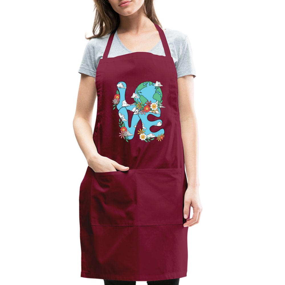 Floral LOVE Earth Day Adjustable Apron Color: burgundy