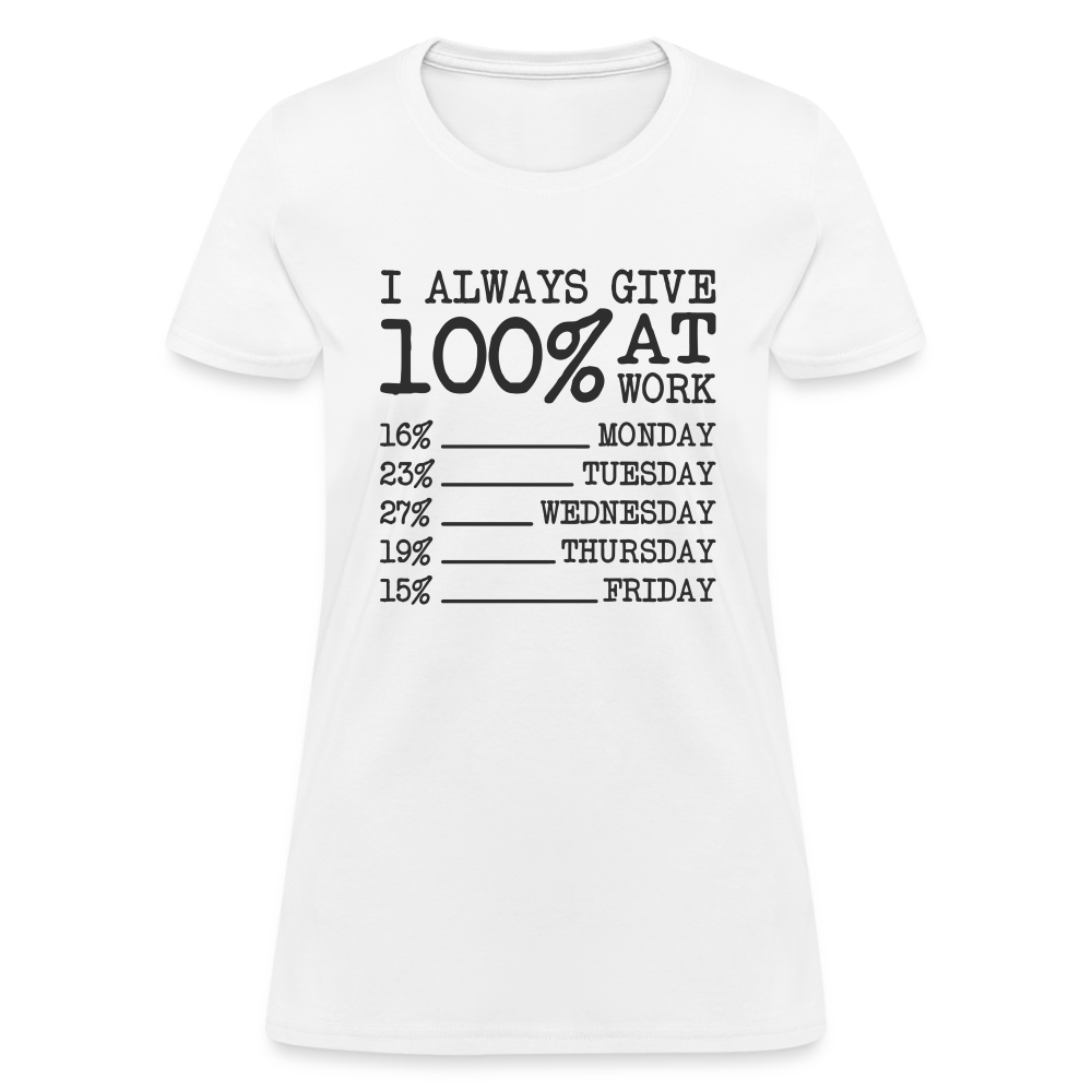 I Always Give 100% at Work Women's T-Shirt (Work Humor) Color: white