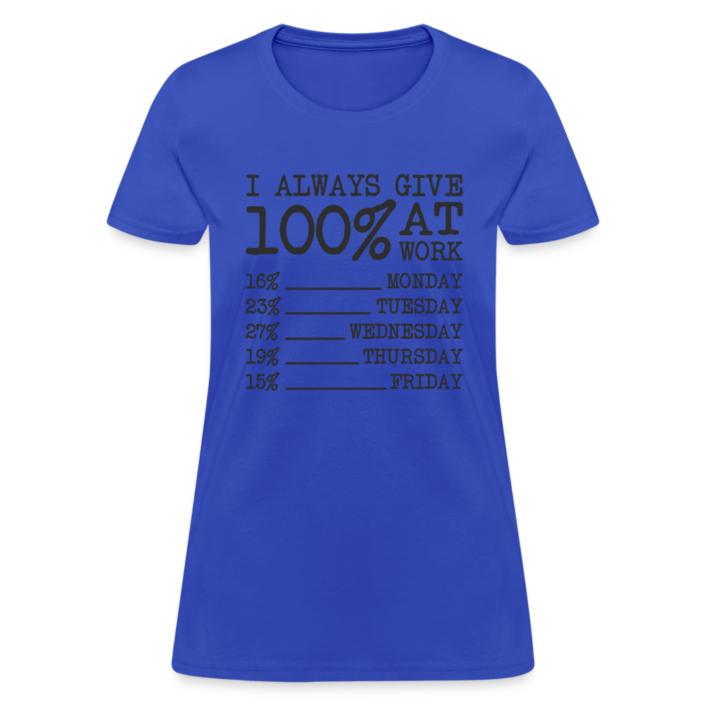I Always Give 100% at Work Women's T-Shirt (Work Humor) Color: royal blue