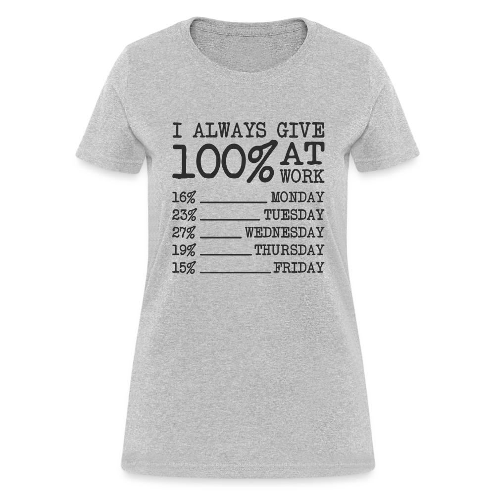 I Always Give 100% at Work Women's T-Shirt (Work Humor) Color: heather gray