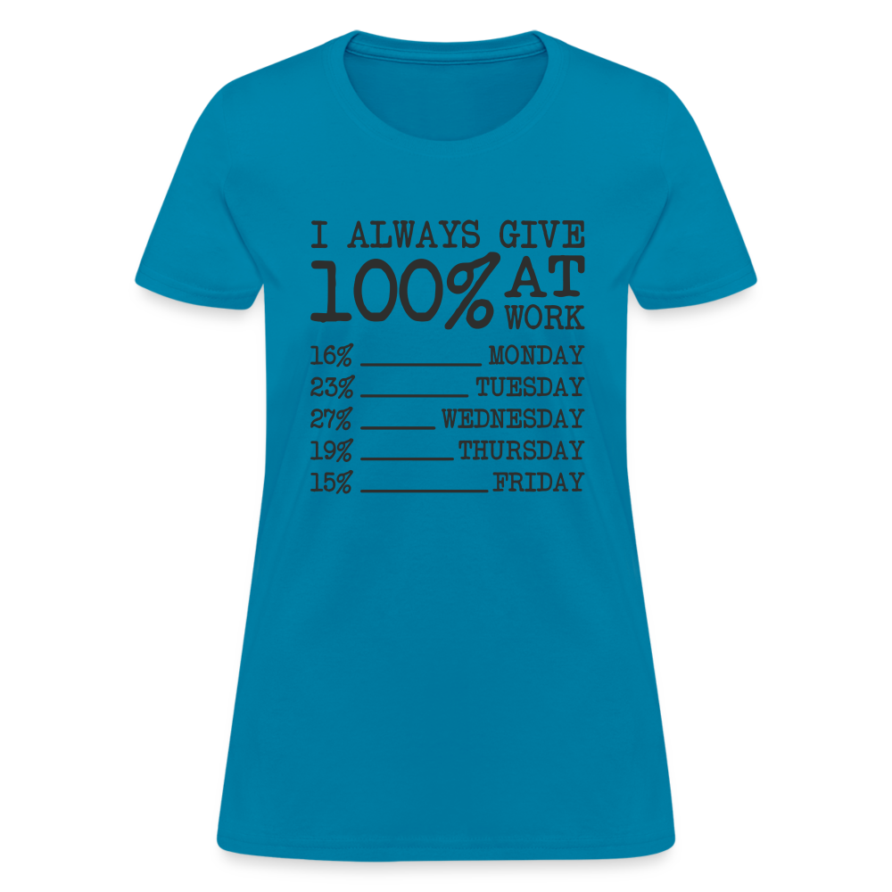 I Always Give 100% at Work Women's T-Shirt (Work Humor) Color: heather coral