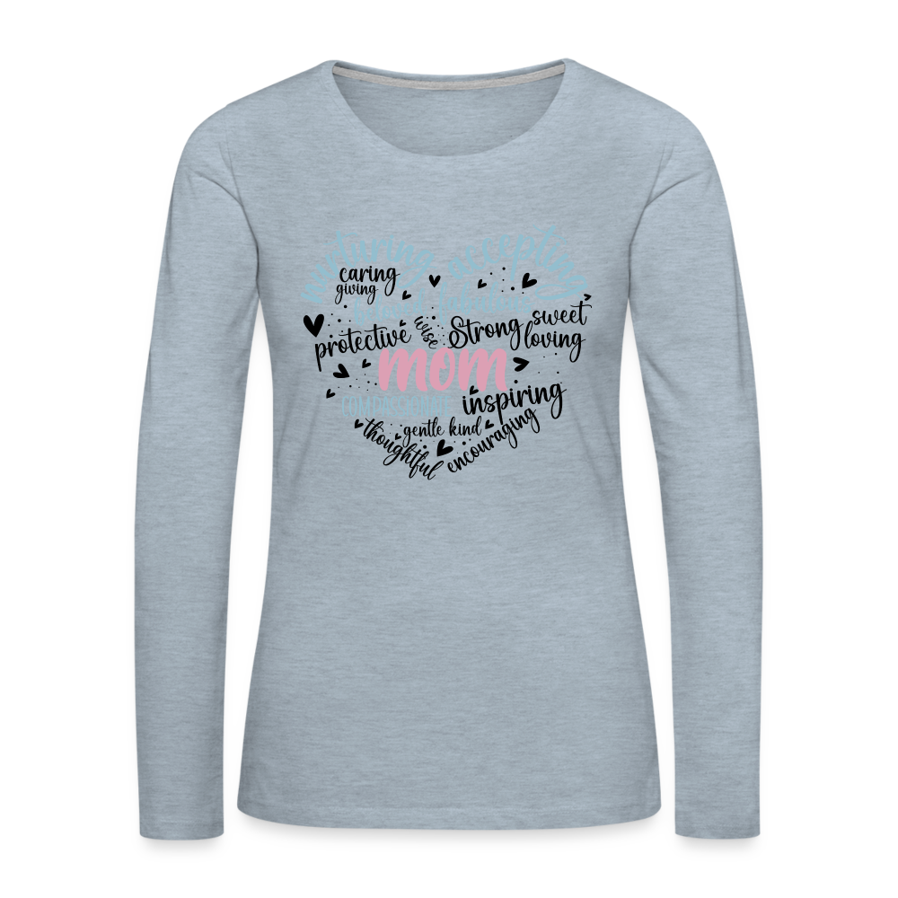 Mom Word Art Heart Women's Premium Long Sleeve T-Shirt Color: heather ice blue