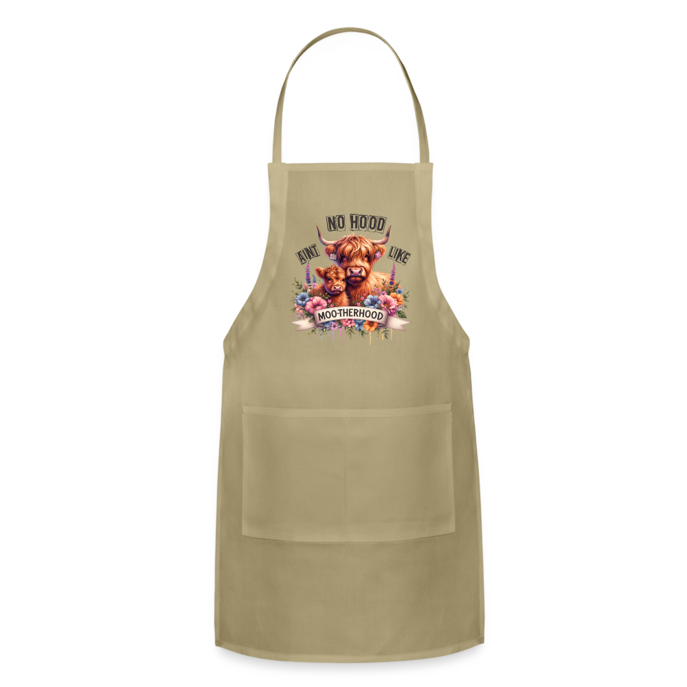 Highland Cow - Aint No Hood Like Moo-Therhood Adjustable Apron Color: khaki