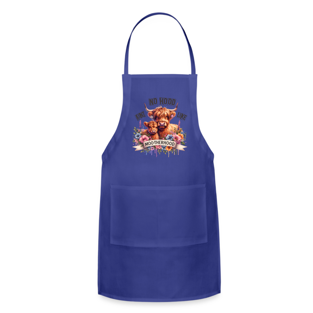 Highland Cow - Aint No Hood Like Moo-Therhood Adjustable Apron Color: royal blue