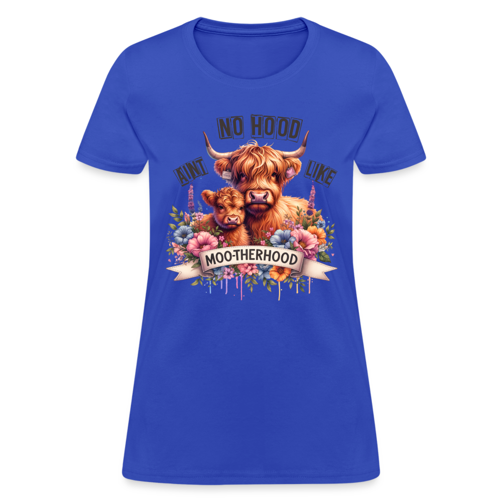 Highland Cow - Aint No Hood Like Moo-Therhood Women's T-Shirt Color: royal blue