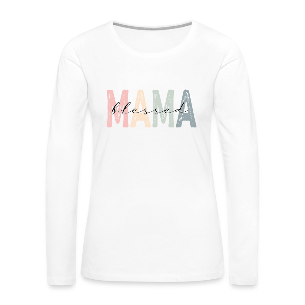 Blessed Mama Premium Long Sleeve T-Shirt (Retro Design) Color: white