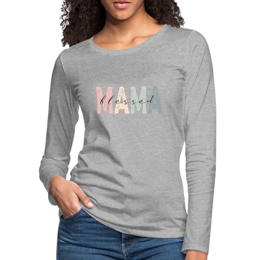 Blessed Mama Premium Long Sleeve T-Shirt (Retro Design) Color: heather gray