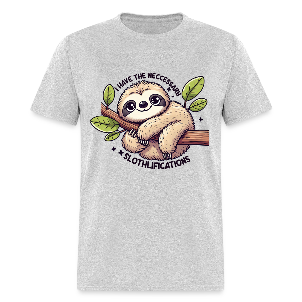 I Have The Neccessary Slothlifications T-Shirt (Sloth Hugging a Tree) Color: heather gray