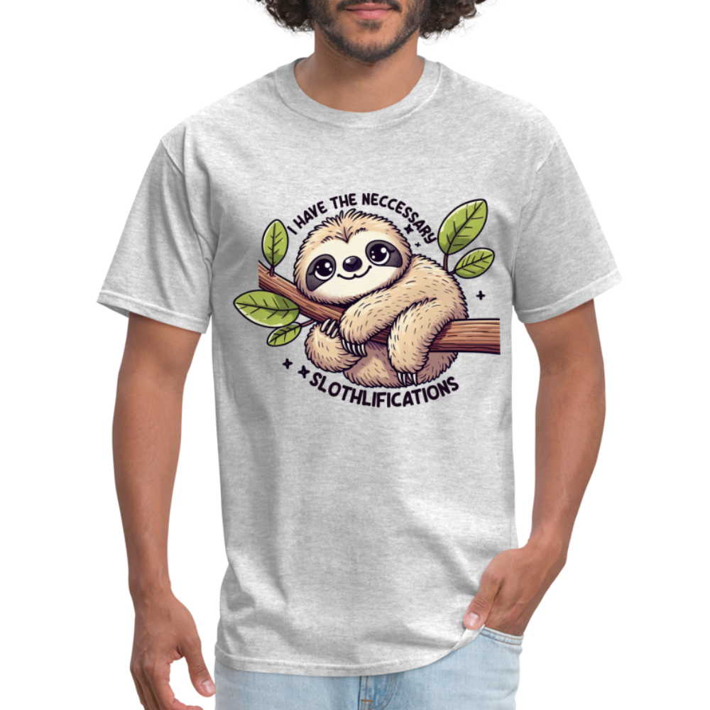 I Have The Neccessary Slothlifications T-Shirt (Sloth Hugging a Tree) Color: white