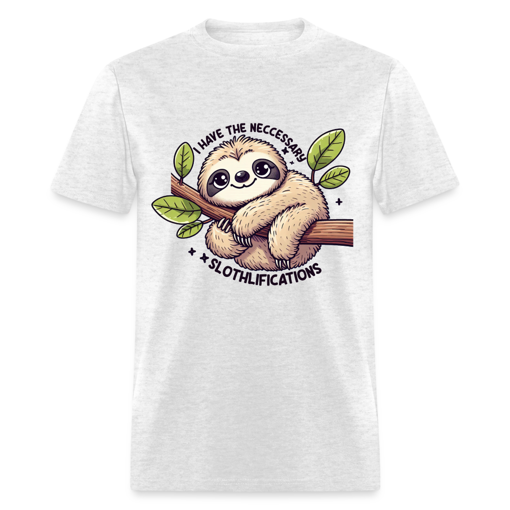 I Have The Neccessary Slothlifications T-Shirt (Sloth Hugging a Tree) Color: light heather gray