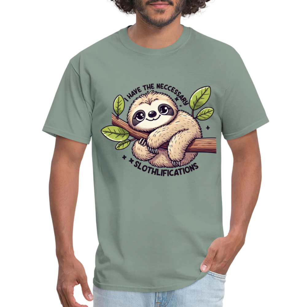 I Have The Neccessary Slothlifications T-Shirt (Sloth Hugging a Tree) Color: sage