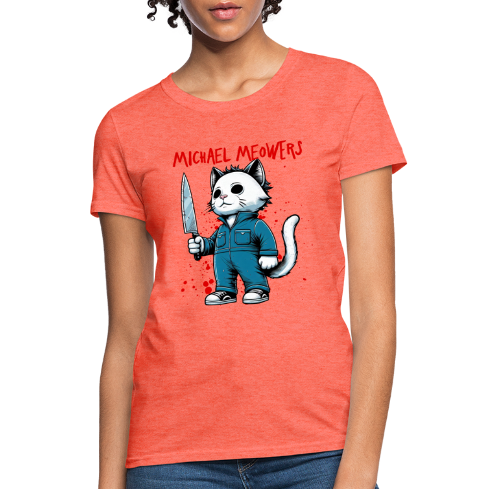 Michael Meowers Women's Contoured T-Shirt Scary Cat Halloween Cat Lover - heather coral