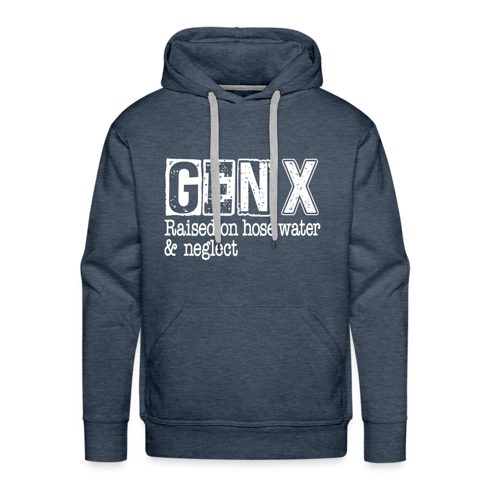 GEN X Men’s Premium Hoodie (Raised on hose water & neglect) Color: heather denim