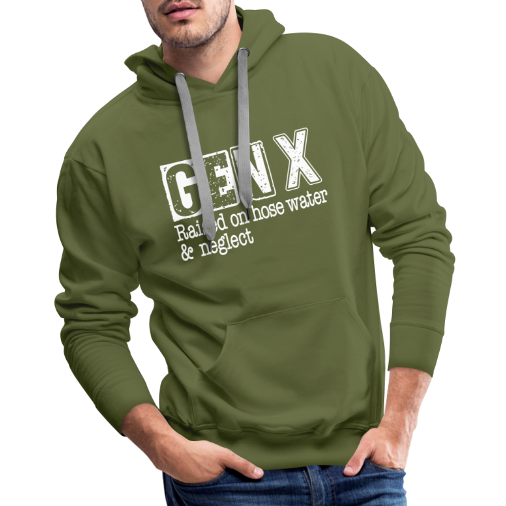 GEN X Men’s Premium Hoodie (Raised on hose water & neglect) Color: olive green