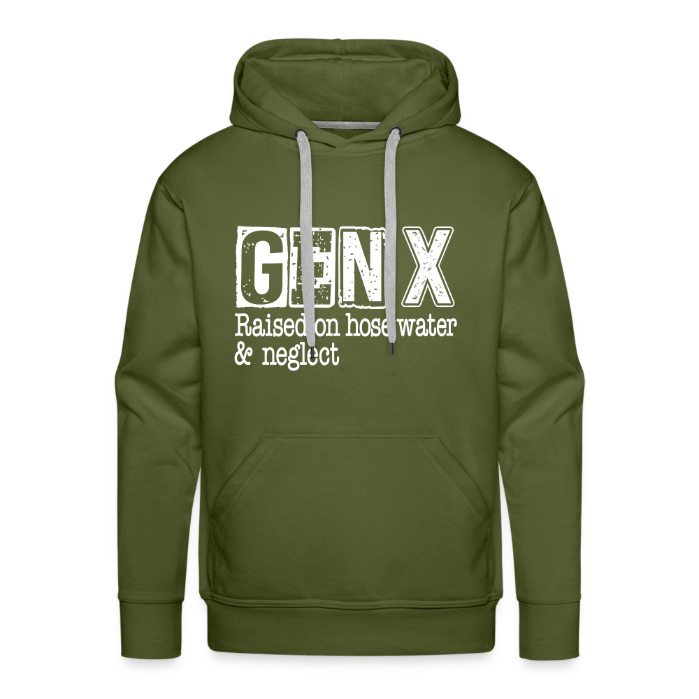GEN X Men’s Premium Hoodie (Raised on hose water & neglect) Color: heather denim