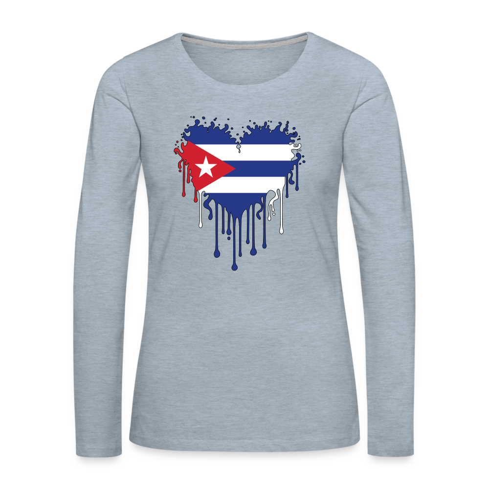 Heart of Cuba Flag Women's Premium Long Sleeve T-Shirt Color: heather ice blue