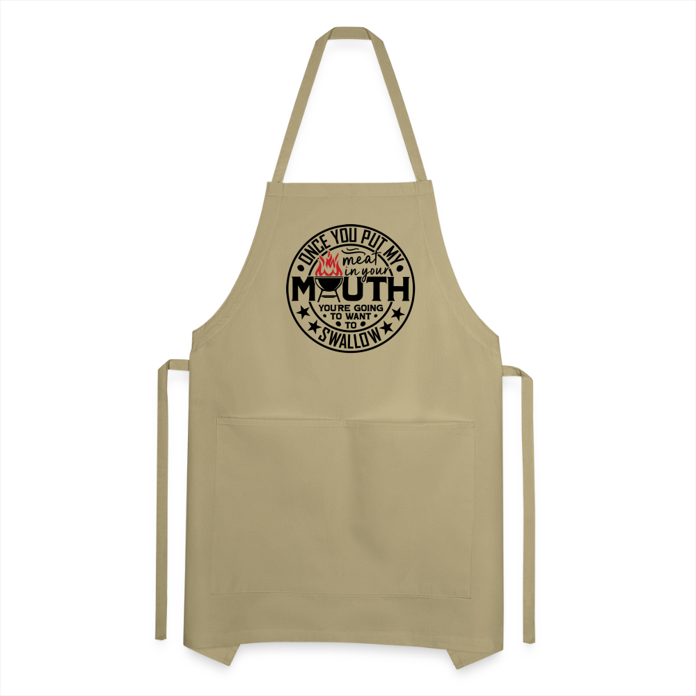 Meat in Mouth, Swallow (Funny BBQ Grilling Humor) Adjustable Apron - khaki