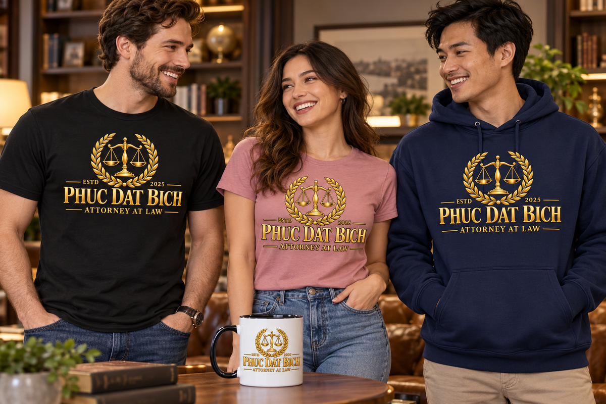Adults wearing Phuc Dat Bich Attorney At Law graphic T-shirts and a navy hoodie with a matching ceramic mug.