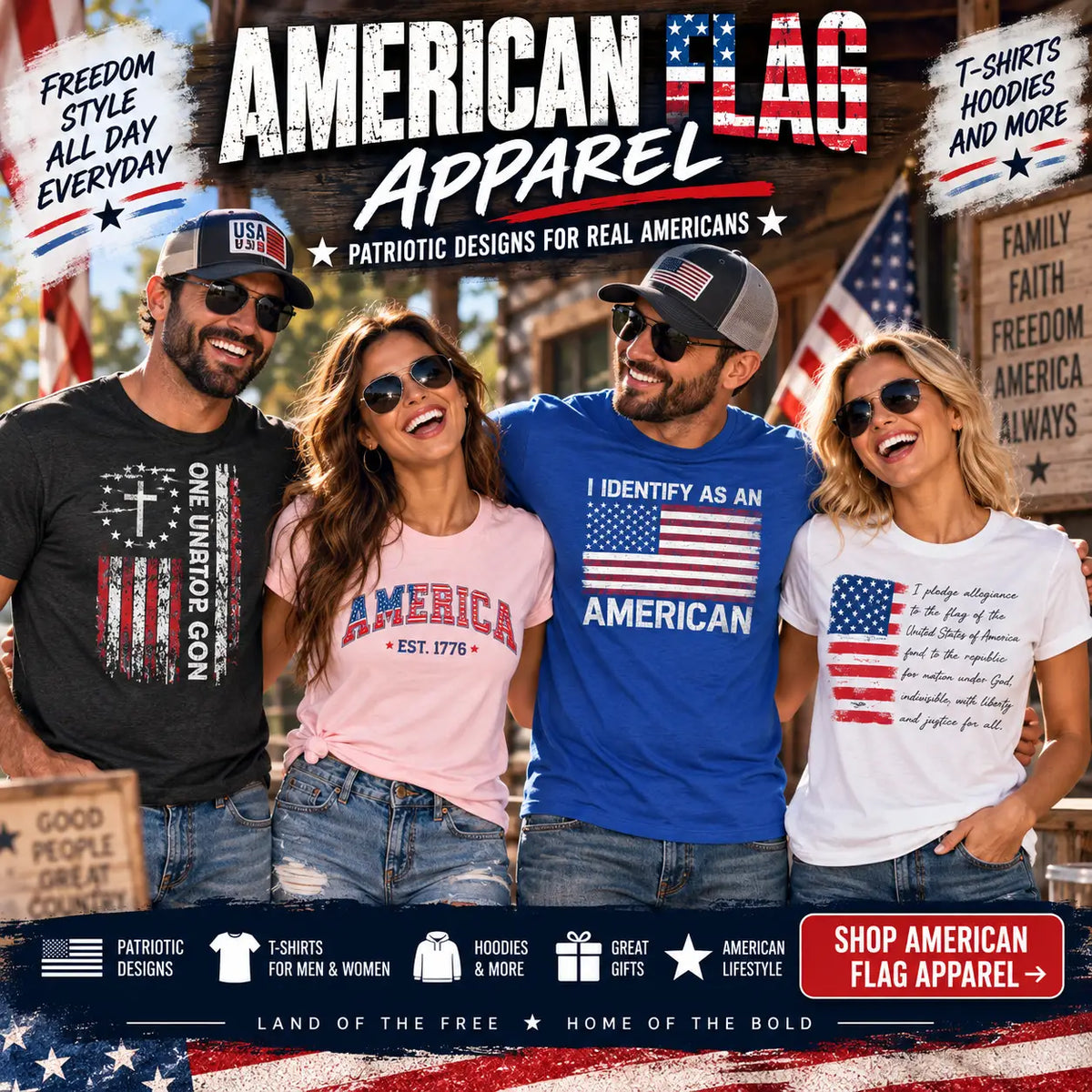 Men and women wearing American flag patriotic T-shirts featuring One Nation Under God, America 1776, and USA flag designs from the patriotic shirts and hoodies collection.