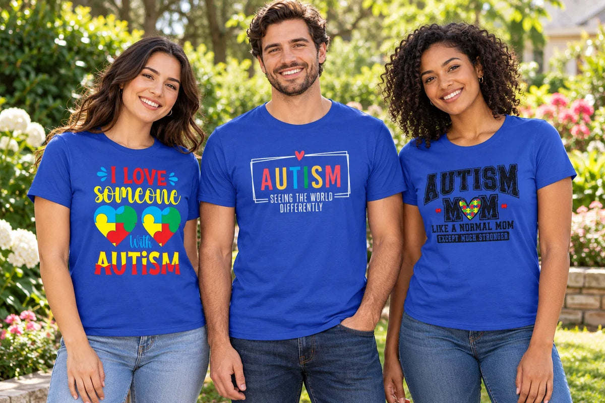 Three adults wearing blue Autism awareness shirts with I Love Someone With Autism, Seeing the World Differently, and Autism Mom designs.