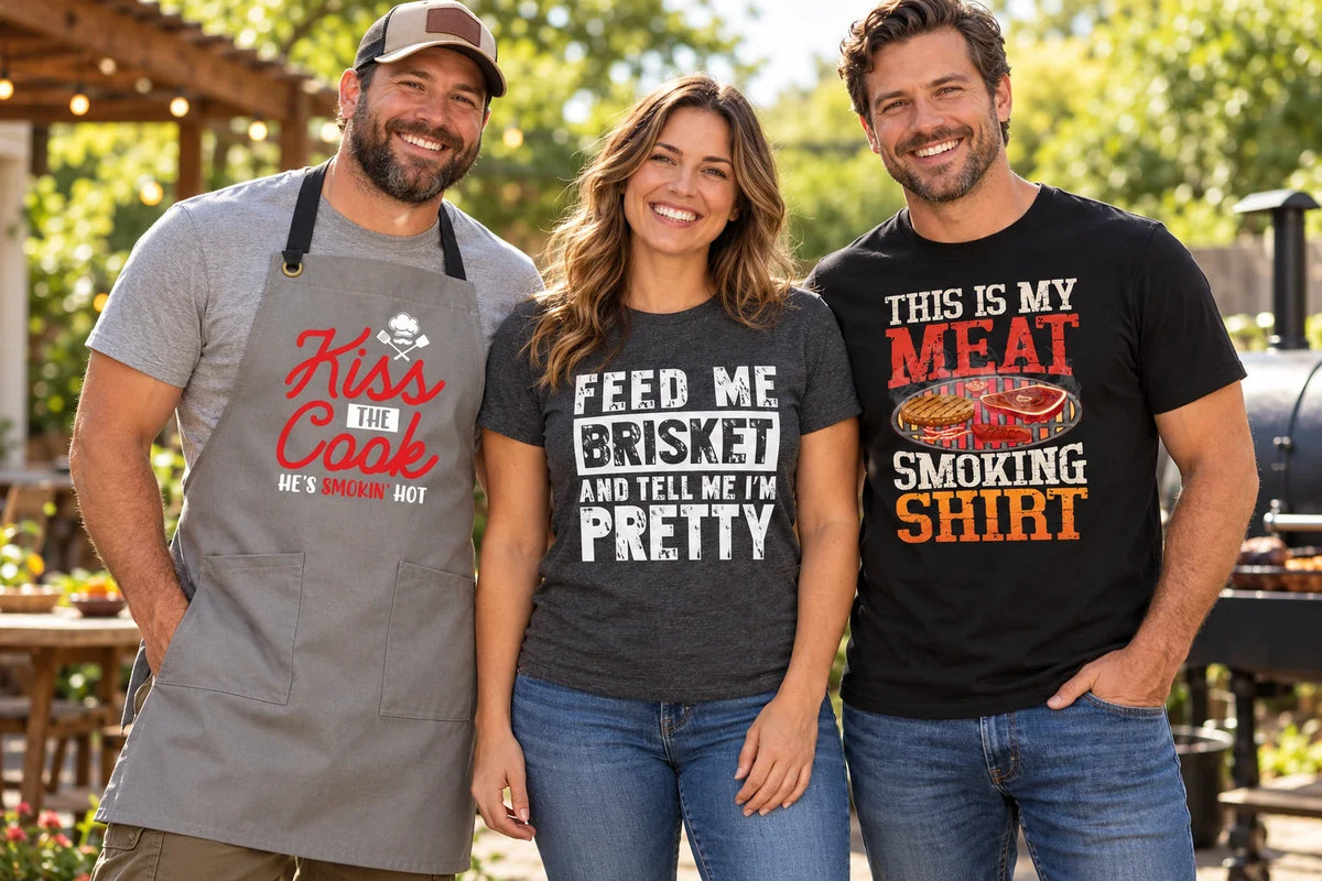 Three friends wearing funny BBQ shirts and a Kiss the Cook apron at a backyard barbecue, with brisket and meat-smoking designs.