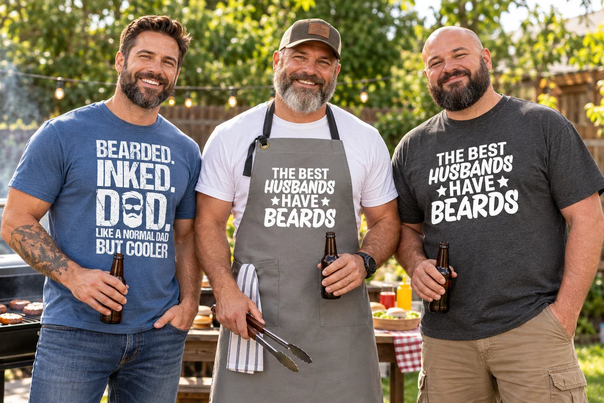 Three bearded men wearing Beards collection shirts and an apron with Bearded Inked Dad and The Best Husbands Have Beards sayings.