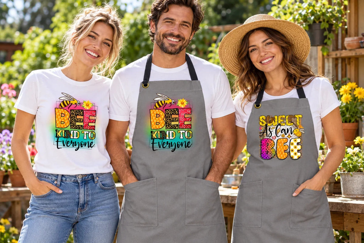 Three adults wearing Bee and Bees collection apparel, including a BEE Kind to Everyone shirt and colorful bee-themed aprons in a garden.