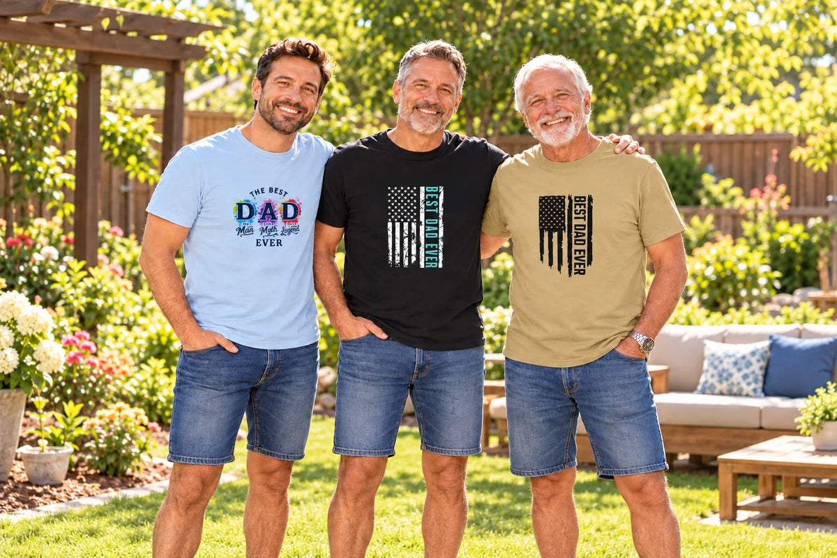 Three fathers wearing Best Dad Ever shirts with colorful Man, Myth, Legend lettering and American flag designs in a backyard.