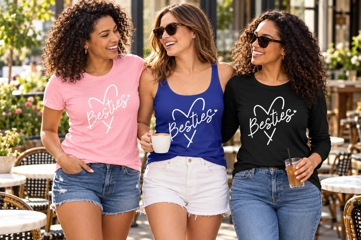 Three friends wearing Besties shirts and a royal blue tank top with matching white heart designs at a cafe.