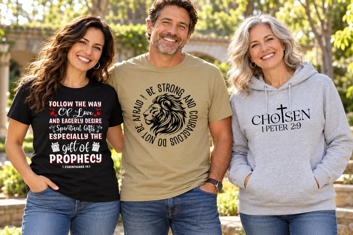Three adults wearing Bible Verses shirts and a Chosen hoodie with Corinthians, Joshua, and 1 Peter scripture designs in a sunny courtyard.