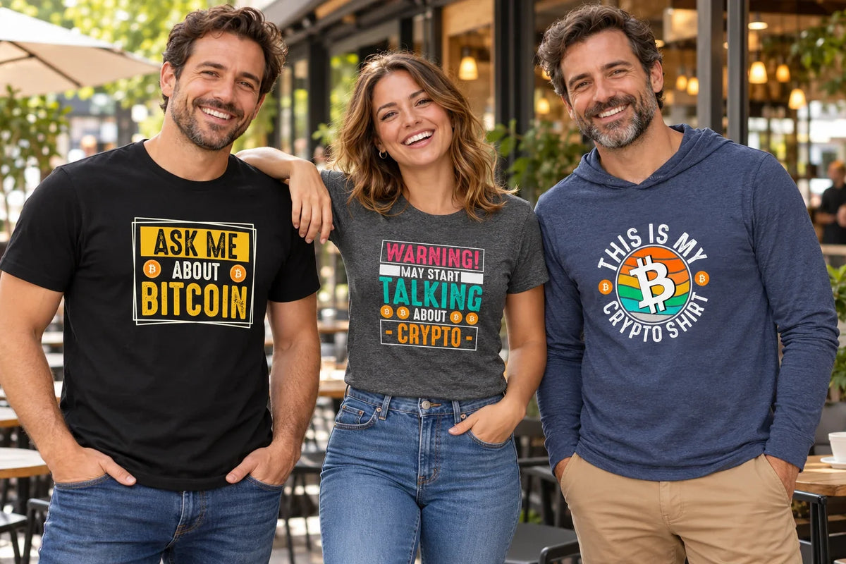 Three friends wearing Bitcoin shirts and a hooded shirt with Ask Me About Bitcoin and colorful crypto-themed designs at a cafe.