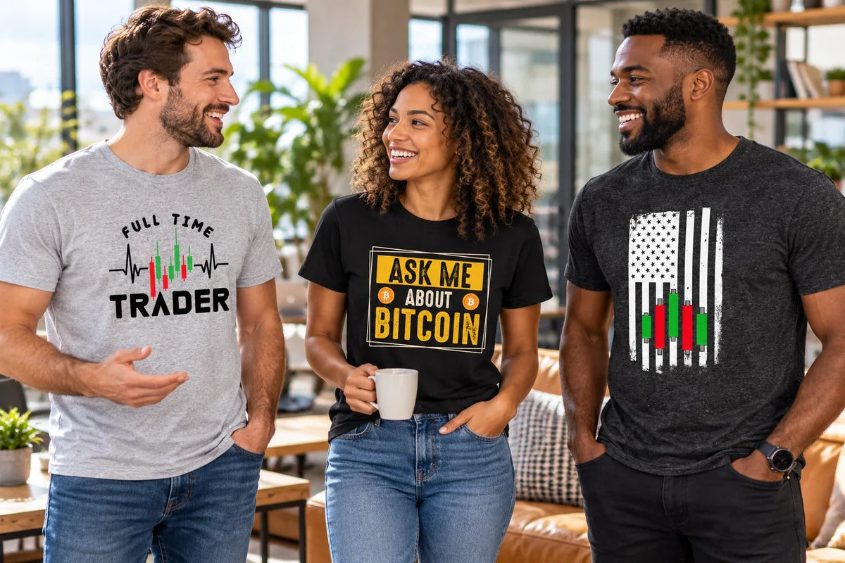 Three adults wearing Cryptocurrencies graphic T-shirts with Full Time Trader, Ask Me About Bitcoin, and candlestick flag designs in a coworking lounge.