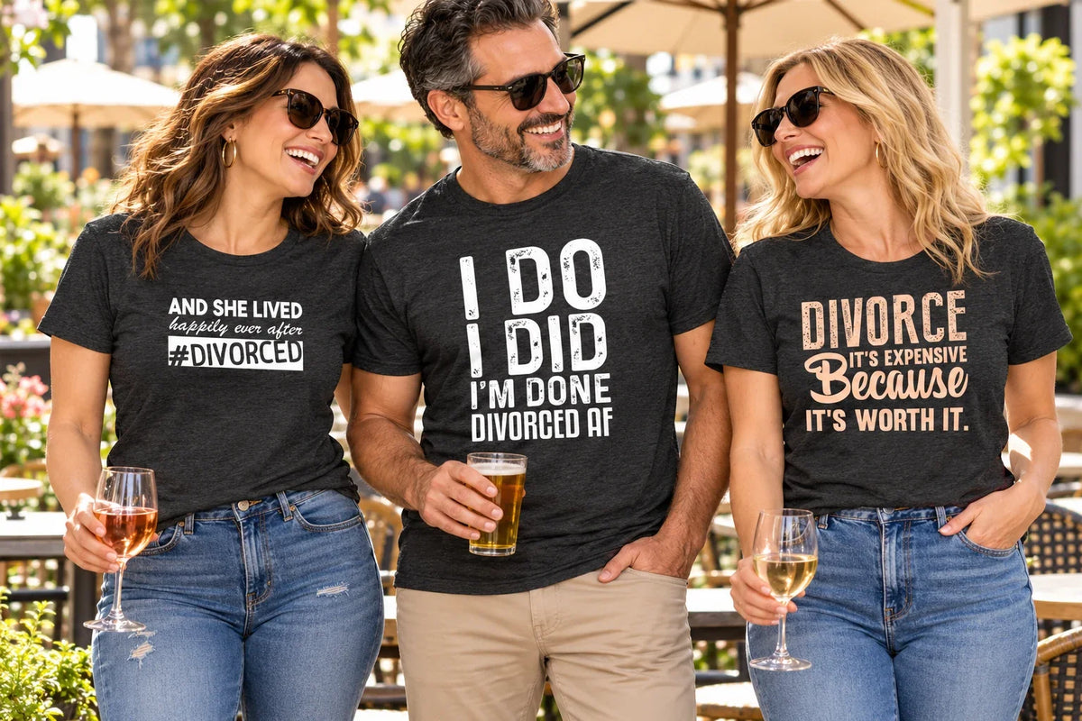 Three adults wearing Divorce graphic T-shirts with Happily Ever After Divorced, I Do I Did I’m Done, and It’s Worth It designs at an outdoor cafe.