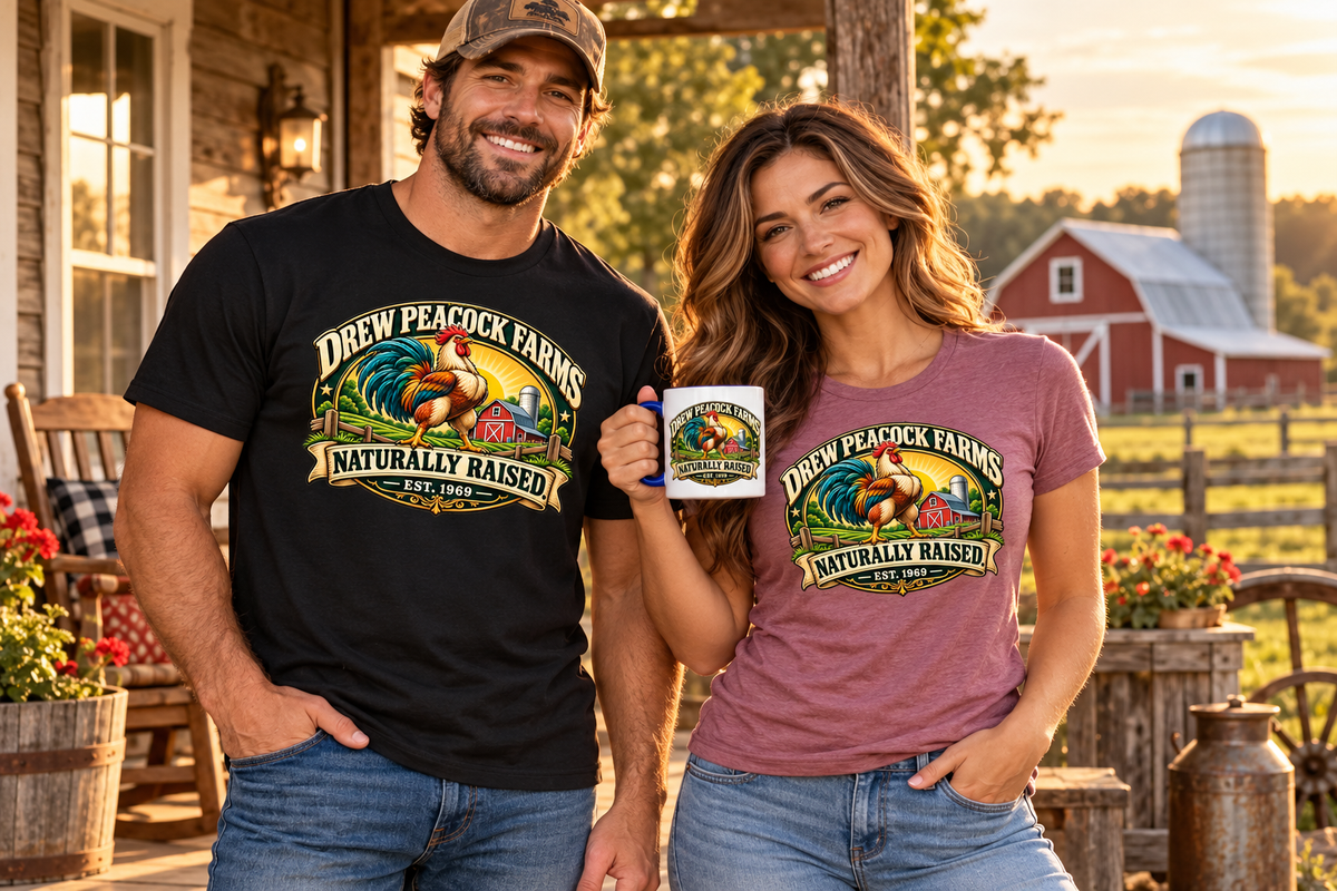 Adults wearing Drew Peacock Farms rooster-design premium T-shirts and holding a matching mug on a rustic farm porch.