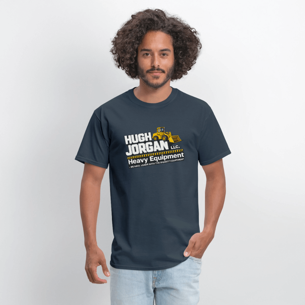Hugh Jorgan T-Shirt – Heavy Equipment Adult Humor Tee Color: blue dusk