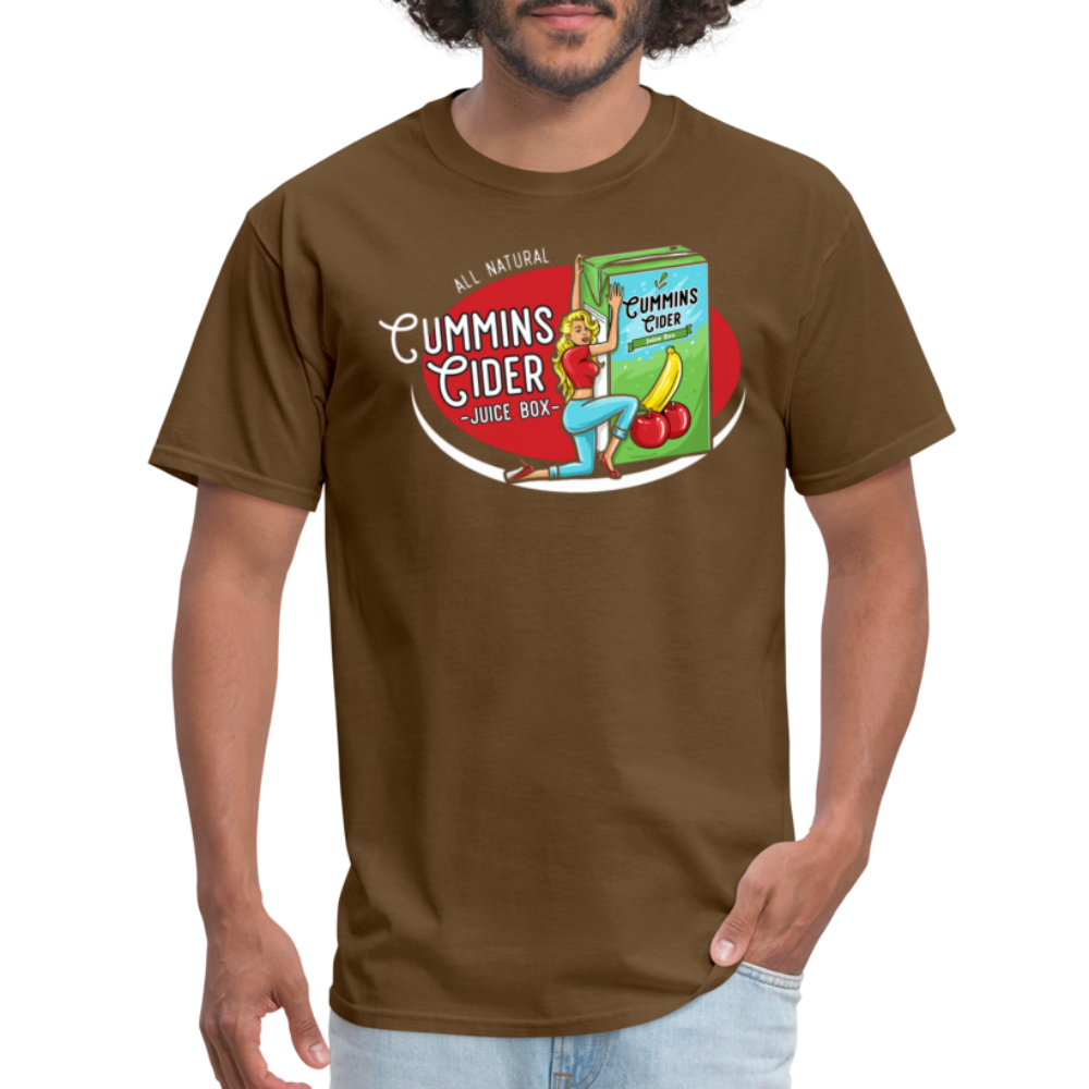 Cummins Cider Juice Box (Adult Sexual Humor) T-Shirt - brown