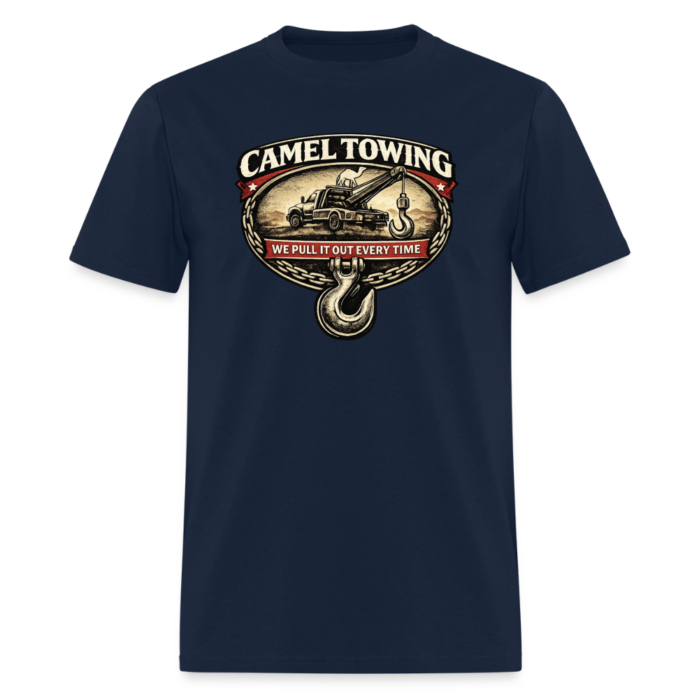 Camel Towing Funny Adult Humor T-Shirt Color: Navy